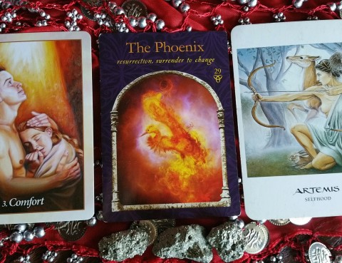 The Cards: Wisdom of the Hidden Realms by Colette Baron-Reid; Oracle of the Angels by Mario Duguay; The Goddess Oracle by Amy Sophia Marashinsky.