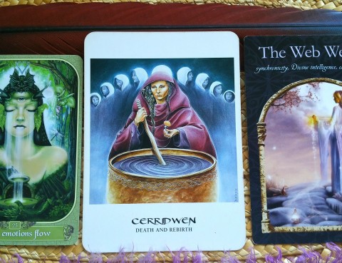 The Cards: Messenger Oracle by Ravynne Phelan; The Goddess Oracle by Amy Sophia Marashinsky; Wisdom of the Hidden Realms by Colette Baron-Reid.