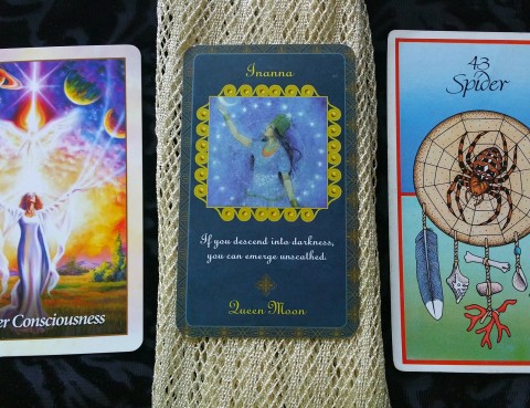 The Cards: The Animal Medicine Cards by Jamie Sams and Dave Carson; Oracle of the Angels by Mario Duguay; Goddess Inspiration Oracle Guide by Kris Waldherr.