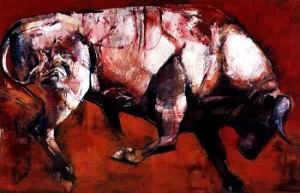 The White Bull, 1999 (oil on board) by Adlington, Mark (Contemporary Artist); 68x107 cm; Private Collection; (add. info.: inspired by prehistoric paintings of Pileta and Altamira); English, in copyright