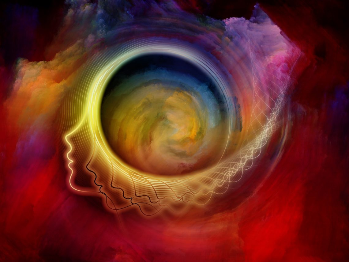 Brain Spasms Soul Cloning Internal Recurrence series. Abstract design made of human profile and fractal forms on the subject of inner reality, mental health, imagination, thinking and dreaming