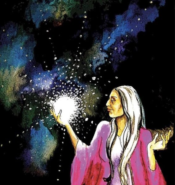 Shamanic Extraction - Wisdom Wizard from Jakki Moore Art - crown holding energy ball starry night