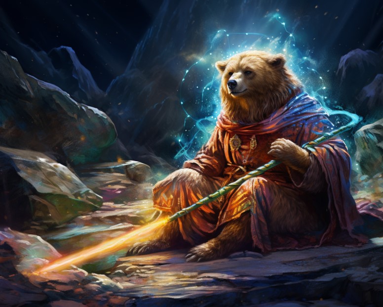 Shamanic Extraction Bear seated on a rocky surface with glowing wand