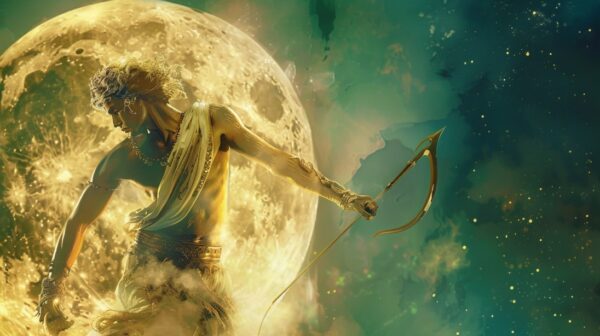 Cranky Mercury Retrograde God in front of the planet mercury.